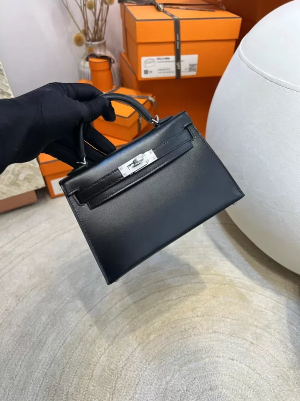 Taiwan Hermes Mini Kelly 19CM 89 Noir Box Leather Silver Hardware