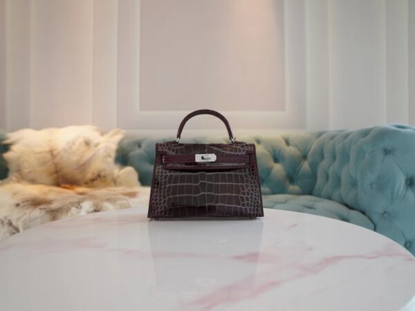 Hermes Mini Kelly 19CM HCP Shiny Alligator 57 Bordeaux Silver Hardware
