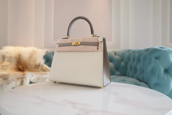 Hand Stitch Hermes Craie/Gris Asphalt Epsom Leather Kelly 25CM Tote Bag Gold Hardware