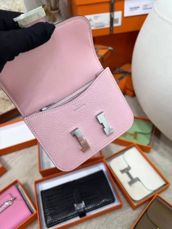 Hermes 3Q Rose Sakura Chevre Leather Constance Slim Card Bag Silver Hardware