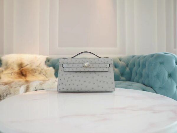 New Arrival Hermes Kelly Pochette22cm 8U Blue Glacier KK Ostrich Leather Gold Hardware