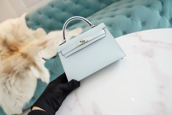 Hermes Handmade Boutique T0 Blue Brume Epsom Leather Mini Kelly19CM Silver Hardware