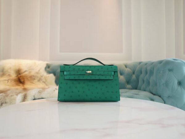 Fashion Hermes Kelly Pochette22cm U4 Vert Vertigo KK Ostrich Leather Gold Hardware