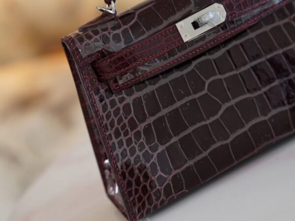 Hermes Mini Kelly 19CM HCP Shiny Alligator 57 Bordeaux Silver Hardware