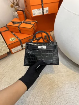 8612c242793ef50-jpg Hermes 89 Noir Mini Kelly 19CM HCP Shiny Alligator Silver Hardware