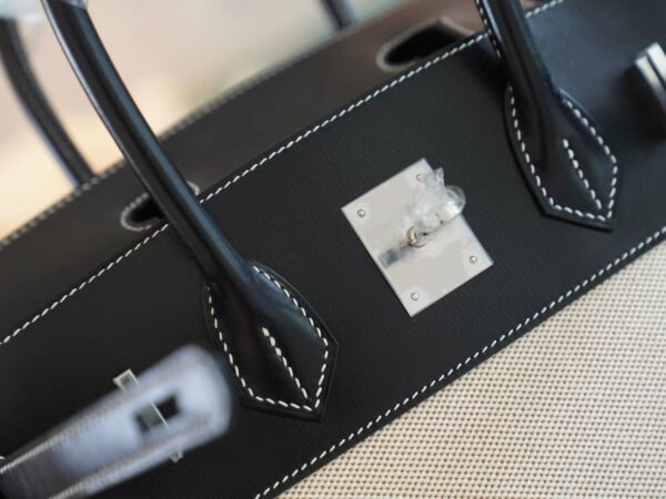 Discount GPCMode Hermes 89 Noir Box Leather & Canvas Birkin Bag30CM Silver Hardware