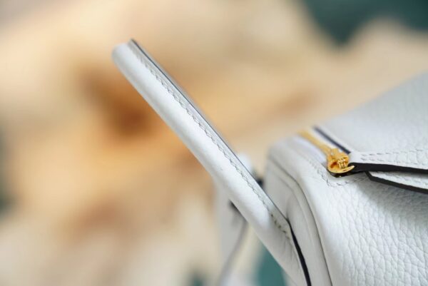 Hand Stitch Hermes Mini Lindy19CM 08 Blue Brume Clemence Leather Gold Hardware