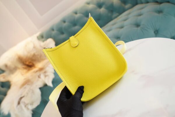 Full Handmade Hermes Mini Evelyne16CM 9R Lemon Yellow Clemence Leather Silver Hardware
