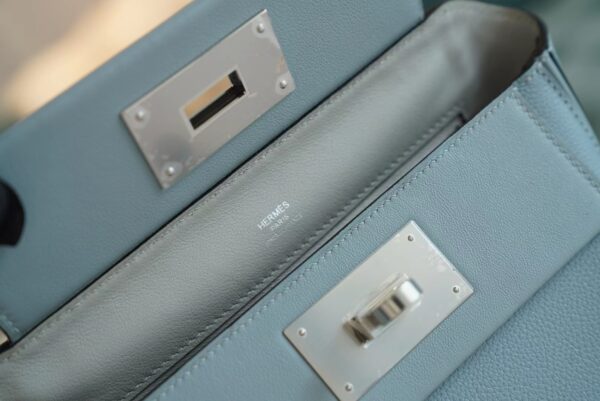 Discount Hermes Mini Kelly 24/24 J7 Blue Lin / Gris Mouette Evercolor Leather Silver Hardware