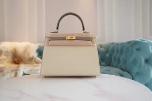 97377b77e65cf8a Hand Stitch Hermes Craie/Gris Asphalt Epsom Leather Kelly 25CM Tote Bag Gold Hardware