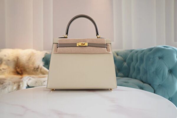 Hand Stitch Hermes Craie/Gris Asphalt Epsom Leather Kelly 25CM Tote Bag Gold Hardware