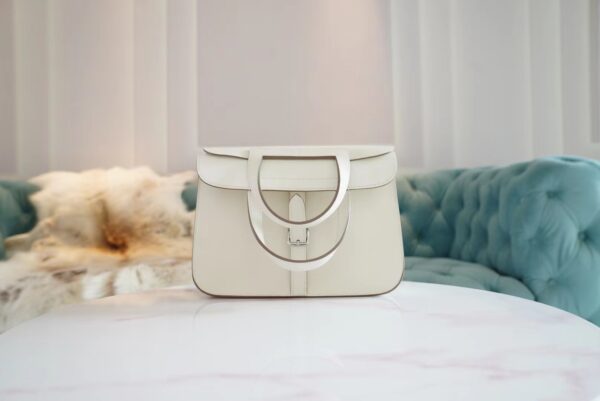 Full Handmade Hermes Halzan 25CM 01 Blanc Evercolor Leather Silver Hardware