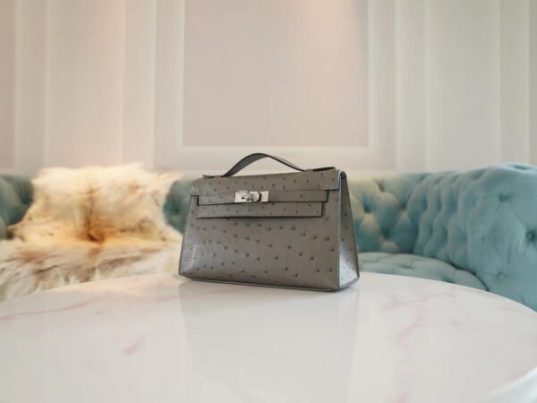 Hermes Shop Kelly Pochette 22cm Ostrich M8 Gris Asphalt Silver Hardware