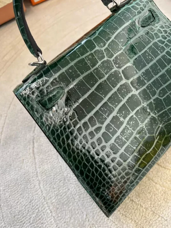 Full Handmade Hermes 67 Vert Fonce Kelly 25CM Sellier Shiny Alligator Crocodile Silver Hardware