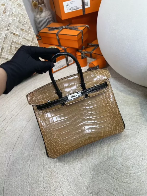 UK London 1i Dust/ 89 Noir Shiny Porosus Crocodile Birkin 25CM Silver Hardware