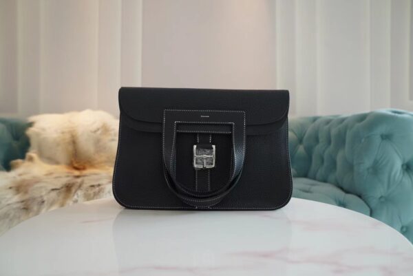 Wholesale Hermes Halzan 31CM CK89 Black / White Stitches Clemence Silver Hardware