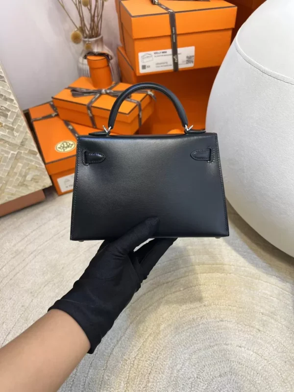 Taiwan Hermes Mini Kelly 19CM 89 Noir Box Leather Silver Hardware
