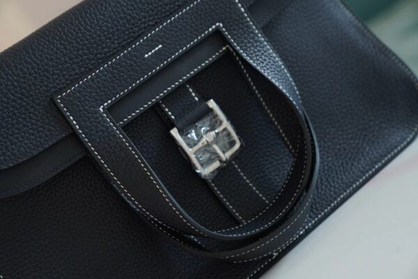 Wholesale Hermes Halzan 31CM CK89 Black / White Stitches Clemence Silver Hardware