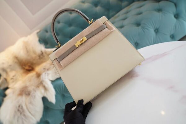 Hand Stitch Hermes Craie/Gris Asphalt Epsom Leather Kelly 25CM Tote Bag Gold Hardware