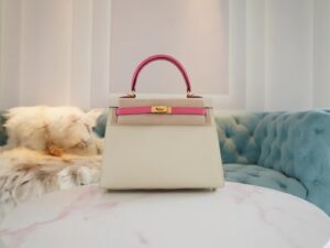b1cb2f2df5e6074 Handmade Hermes Kelly Sellier 25CM Epsom CK10 Craie/ 8W Rose Azalee Brush Gold Hardware