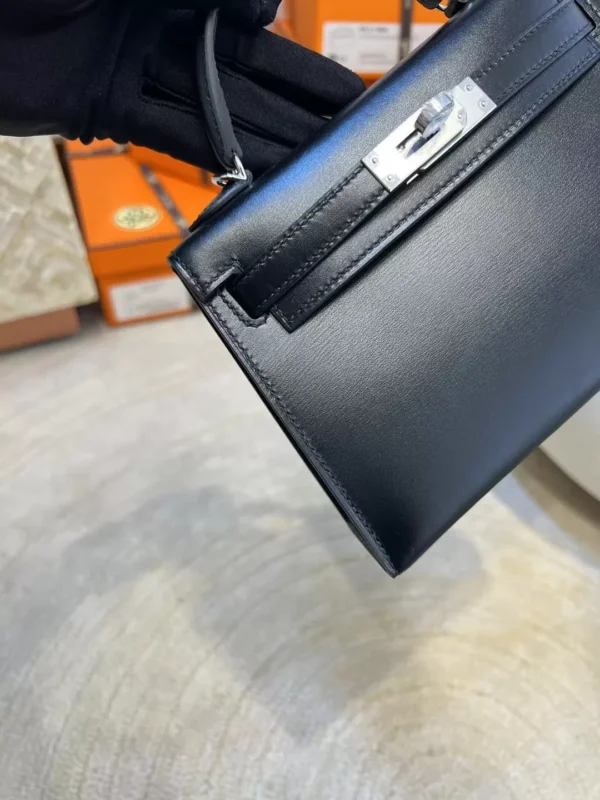Taiwan Hermes Mini Kelly 19CM 89 Noir Box Leather Silver Hardware