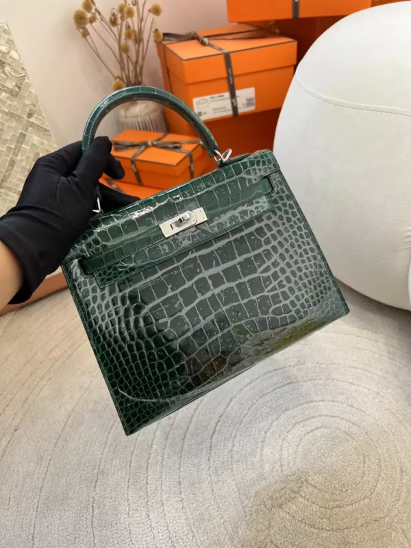 Full Handmade Hermes 67 Vert Fonce Kelly 25CM Sellier Shiny Alligator Crocodile Silver Hardware