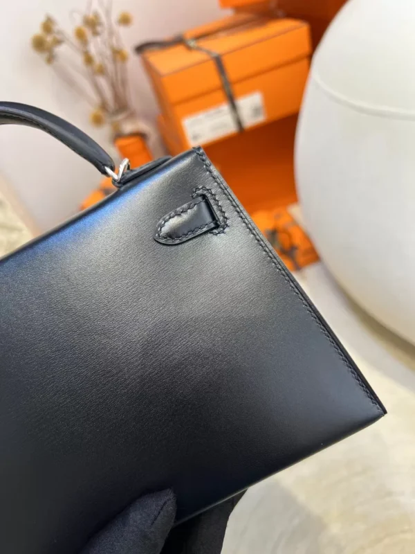 Taiwan Hermes Mini Kelly 19CM 89 Noir Box Leather Silver Hardware