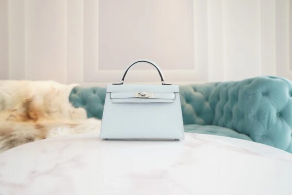 Hermes Handmade Boutique T0 Blue Brume Epsom Leather Mini Kelly19CM Silver Hardware