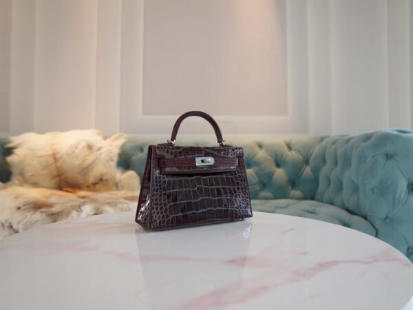 Hermes Mini Kelly 19CM HCP Shiny Alligator 57 Bordeaux Silver Hardware