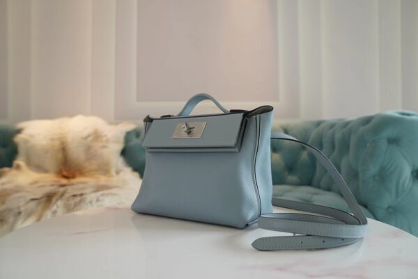 Discount Hermes Mini Kelly 24/24 J7 Blue Lin / Gris Mouette Evercolor Leather Silver Hardware