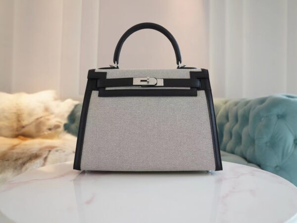 Full Handmade Hermes Canvas/ Swift Kelly Sellier 28CM CK89 Nior Silver Hardware