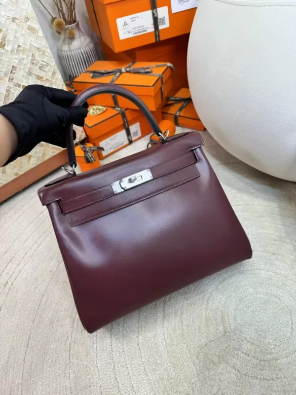 Handmade Box Leather Kelly 28CM Bordeaux Silver Hardware