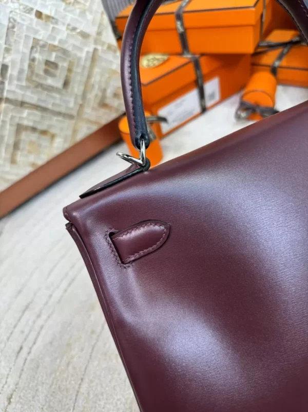 Handmade Box Leather Kelly 28CM Bordeaux Silver Hardware
