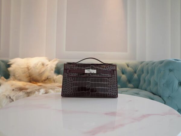 Hermes Kelly Pochette 22CM Shiny Alligator 57 Bordeaux Silver Hardware