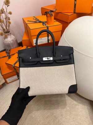 cb628fd10e829f9 Hermes Shop Birkin 25CM Beige Canvas/ 89 Noir Leather Silver Hardware