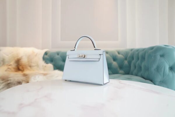 Hermes Handmade Boutique T0 Blue Brume Epsom Leather Mini Kelly19CM Silver Hardware