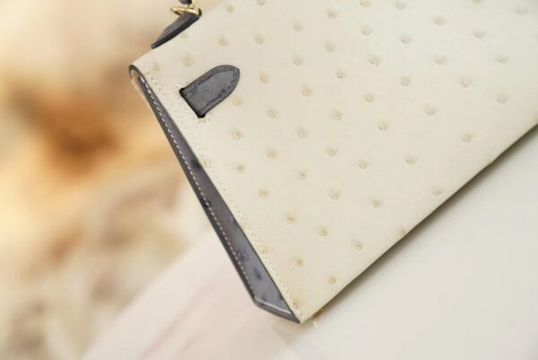 New Hermes Mini Kelly19CM 8L Beton/M8 Gris Asphalt KK Ostrich Skin Gold Hardware