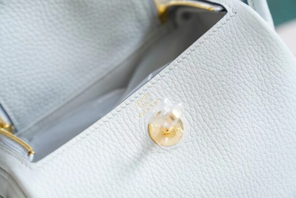Hand Stitch Hermes Mini Lindy19CM 08 Blue Brume Clemence Leather Gold Hardware