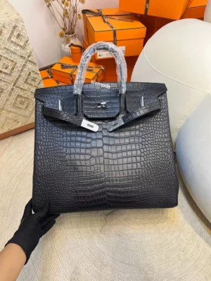 Hermes 89 Noir Matte Porosus Crocodile HAC 40CM Silver Hardware