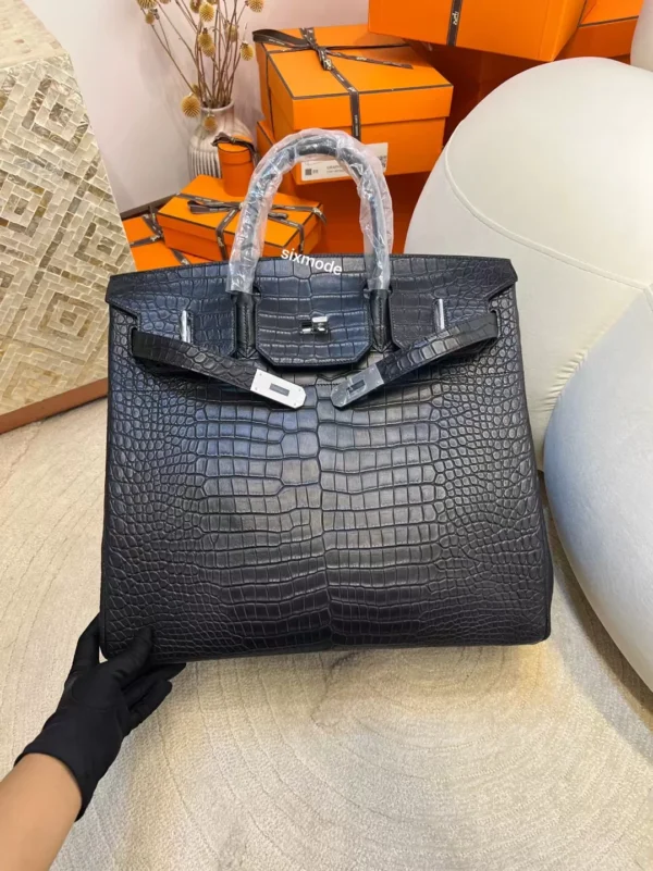 Hermes 89 Noir Matte Porosus Crocodile HAC 40CM Silver Hardware