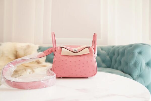 Wholesale Hermes Mini Lindy19CM L4 Rose Bubble South Africa KK Ostrich Silver Hardware