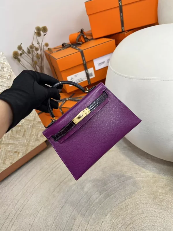 Handmade Madame P9 Anemone / Shiny Crocodile 9G Amethyste Mini Kelly Touch 19CM Gold Hardware