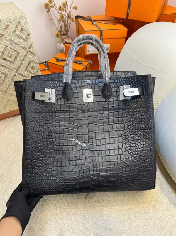 Hermes 89 Noir Matte Porosus Crocodile HAC 40CM Silver Hardware
