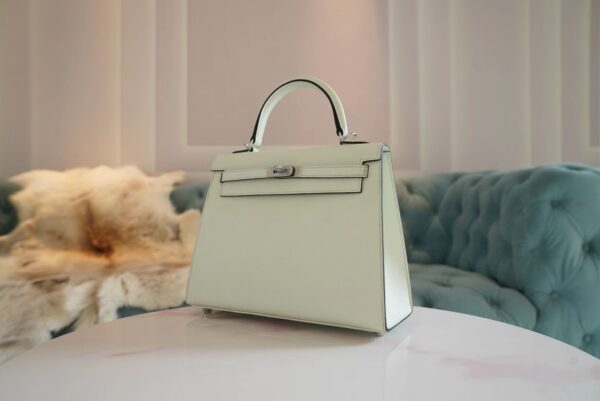 Full Handmade Hermes 0S Vert Fizz Kelly 25CM Epsom Leather Silver Hardware