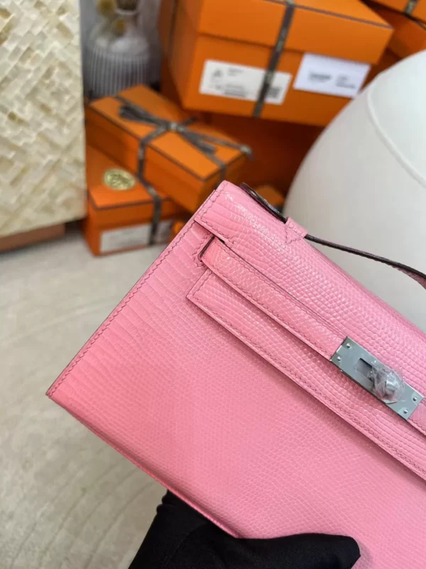 Handmade Lizard Leather Kelly Pochette 22cm 5P Pink Silver Hardware