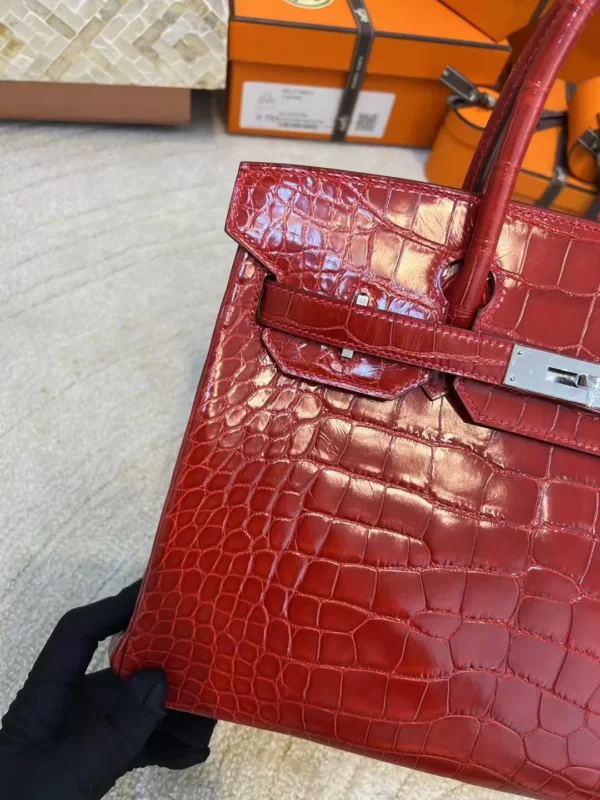 Hermes Shiny Alligator Crocodile Birkin 30CM 95 Braise Silver Hardware