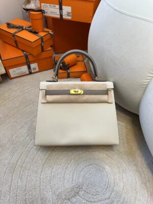 Hermes Kelly Sellier 25CM 10 Craie/ M8 Gris Asphalt Epsom Gold Hardware