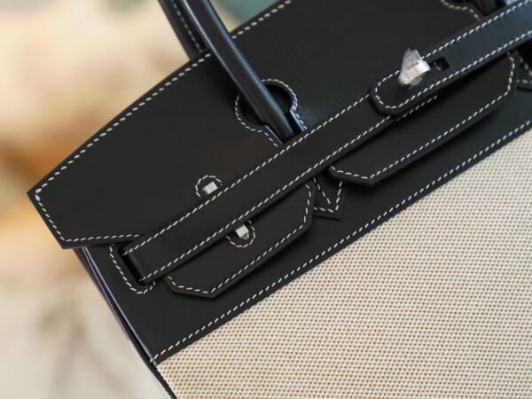Discount GPCMode Hermes 89 Noir Box Leather & Canvas Birkin Bag30CM Silver Hardware