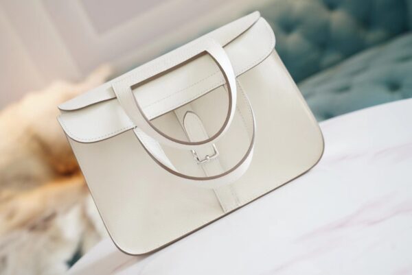 Full Handmade Hermes Halzan 25CM 01 Blanc Evercolor Leather Silver Hardware