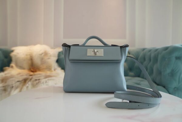 Discount Hermes Mini Kelly 24/24 J7 Blue Lin / Gris Mouette Evercolor Leather Silver Hardware